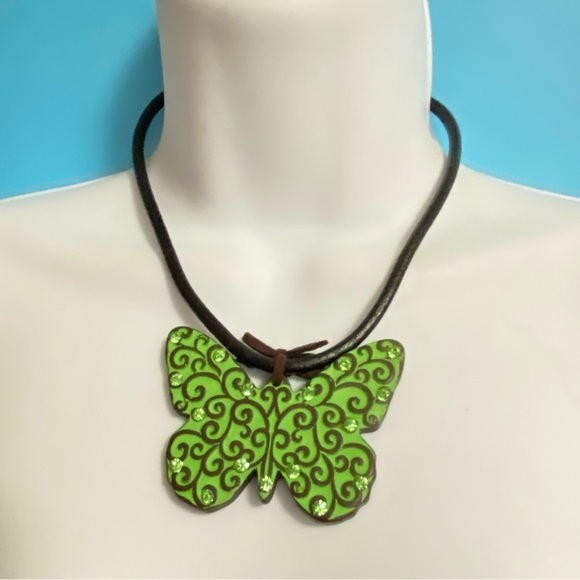 You & I Jewelry You I Green Butterfly On Black Leather Cord